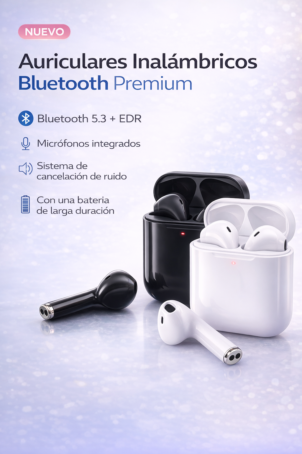 Auriculares Bluetooth 5.3 con Cargador y Estuche – Batería de Larga Duración