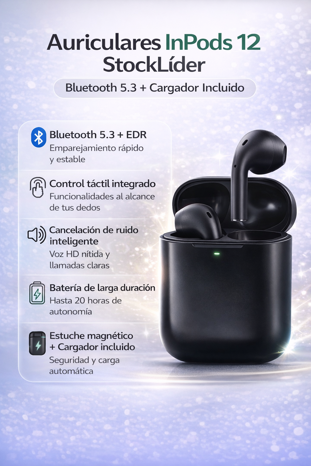Auriculares Bluetooth 5.3 con Cargador y Estuche – Batería de Larga Duración